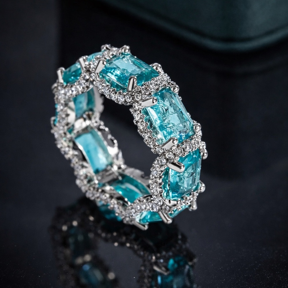 Green Pariba 925 Silver Eternity Ring - Picture 3 of 16